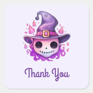 Skull in a Witch's Hat Whimsical Thank You Square Sticker