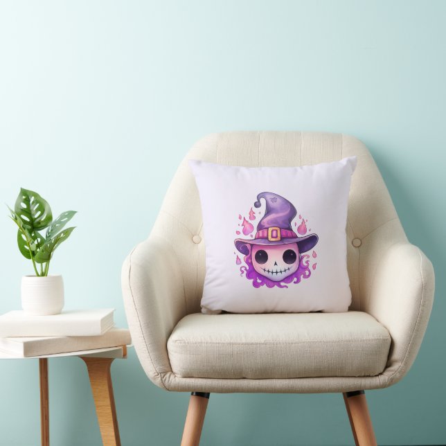 Skull in a Witch's Hat Whimsical Throw Pillow (Chair)
