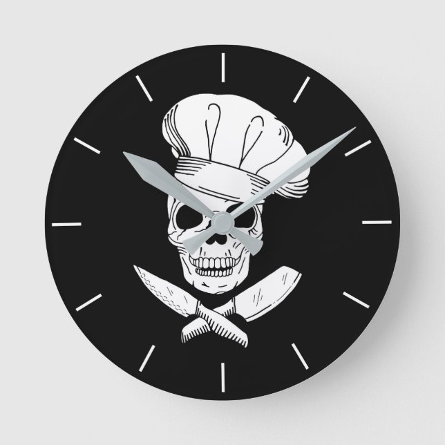 Skull in Chef Baker Hat and Knives Kitchen Round Clock (Front)