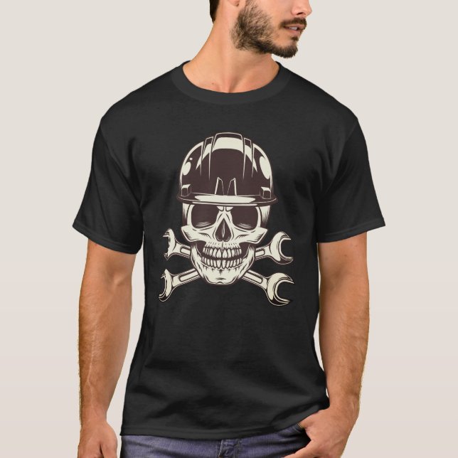 Skull in construction hard hat with spanner wrench T-Shirt (Front)