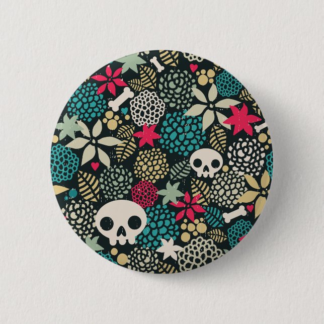 Skull in flowers 2 inch round button (Front)