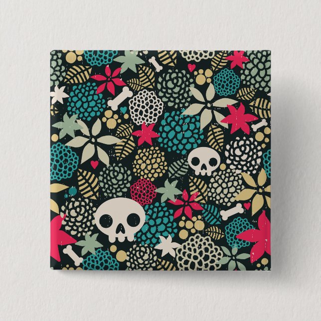 Skull in flowers 2 inch square button (Front)
