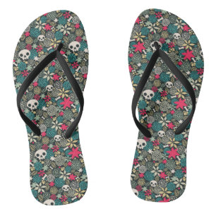 Skull in flowers flip flops