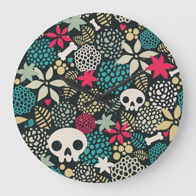 Skull in flowers large clock (Front)