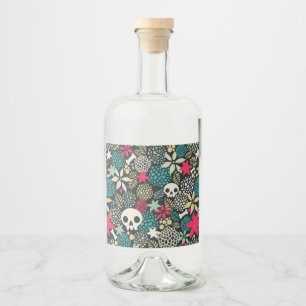 Skull in flowers liquor bottle label