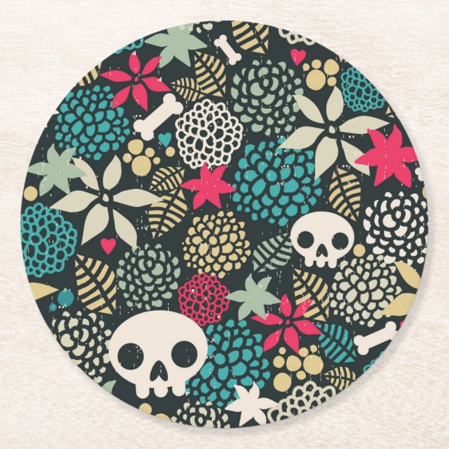 Skull in flowers round paper coaster (Front)