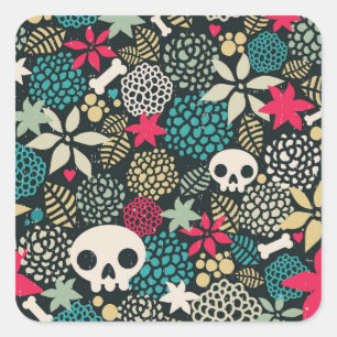 Skull in flowers square sticker