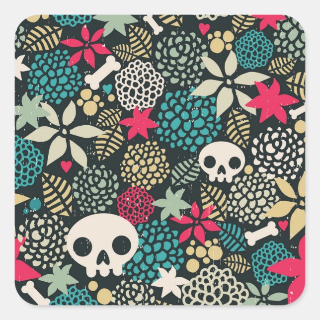 Skull in flowers square sticker (Front)