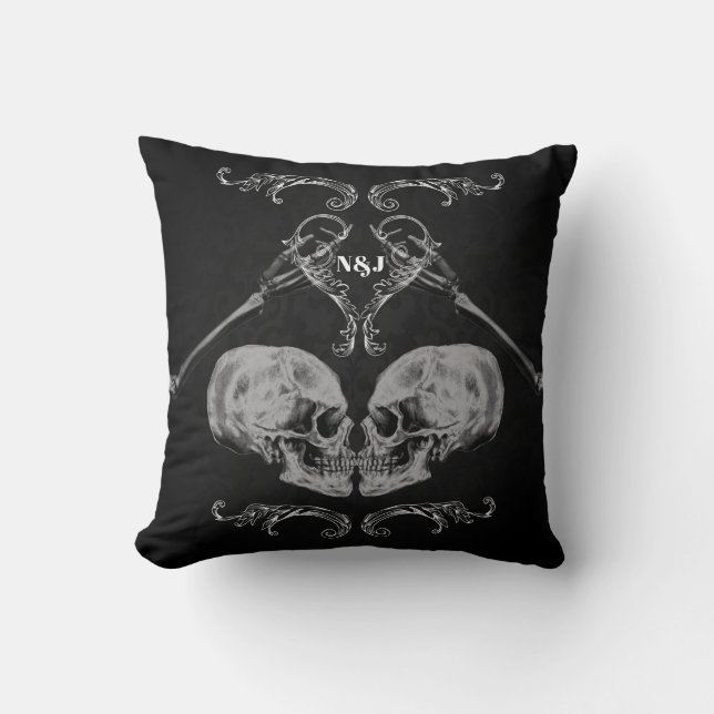 "Skull in Love" Vintage Skeletons Black Throw Pillow (Front)