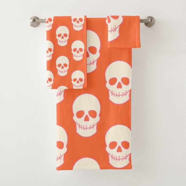 Skull in Pink, Orange and Cream Bath Towel Set (Insitu)