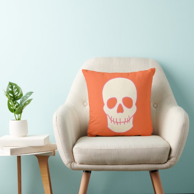 Skull in Pink, Orange and Cream Throw Pillow (Chair)