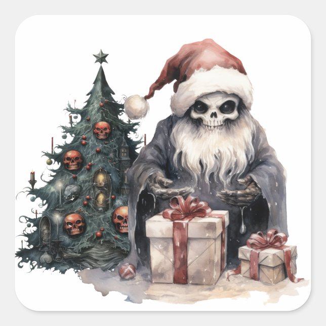 Skull in Santa hat with gothic Christmas tree Square Sticker (Front)