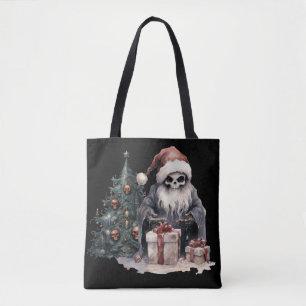 Skull in Santa hat with gothic Christmas tree Tote Bag