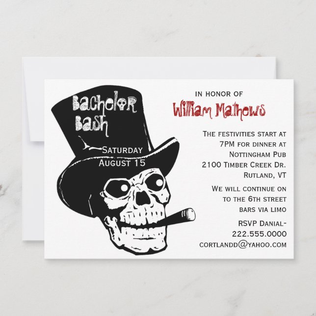 Skull in Top Hat Bachelor Party Invitation (Front)
