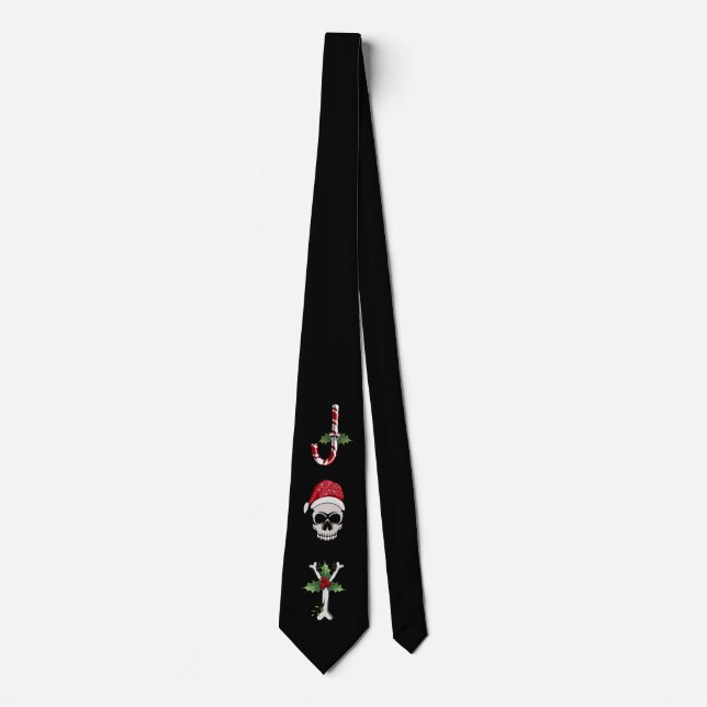 Skull JOY Bones Holly Christmas Holiday Tie (Front)