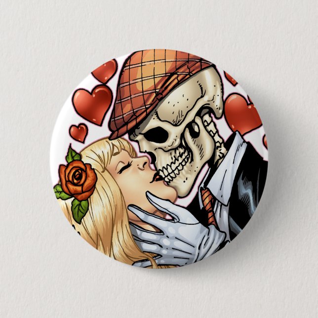 Skull Kiss with Hearts and Roses by Al Rio 2 Inch Round Button (Front)
