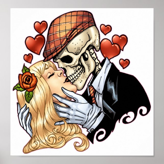 Skull Kiss with Hearts and Roses by Al Rio Poster (Front)