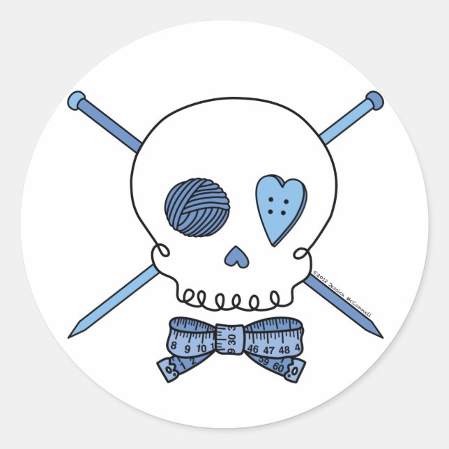 Skull & Knitting Needles (Blue) Classic Round Sticker (Front)