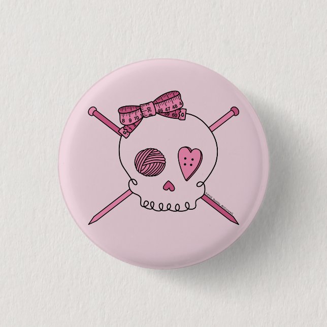 Skull & Knitting Needles (Pink Background) 1 Inch Round Button (Front)