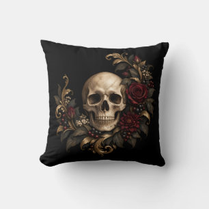 Skull Laurel and Roses Throw Pillow