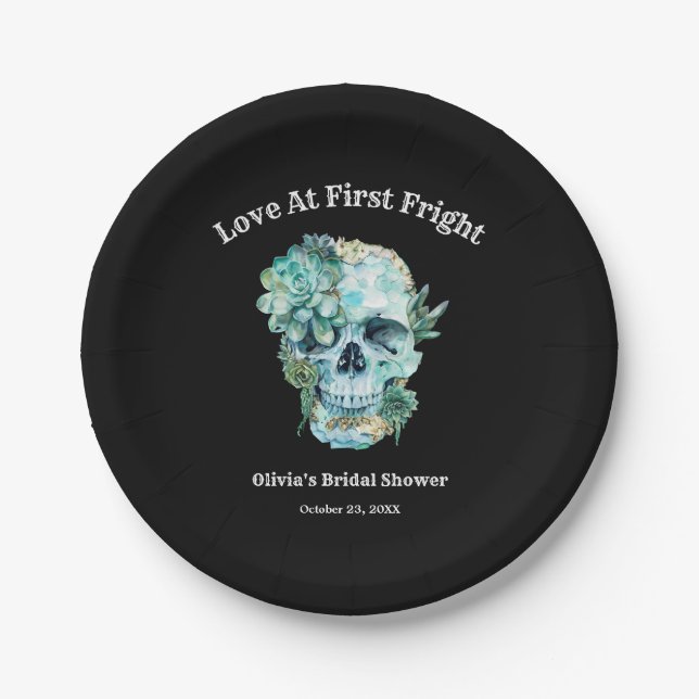 Skull Love at First Fright Halloween Bridal Shower Paper Plate (Front)
