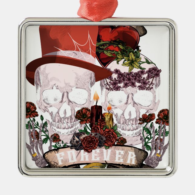 Skull Love Marriage Skeleton Couple Metal Ornament (Front)