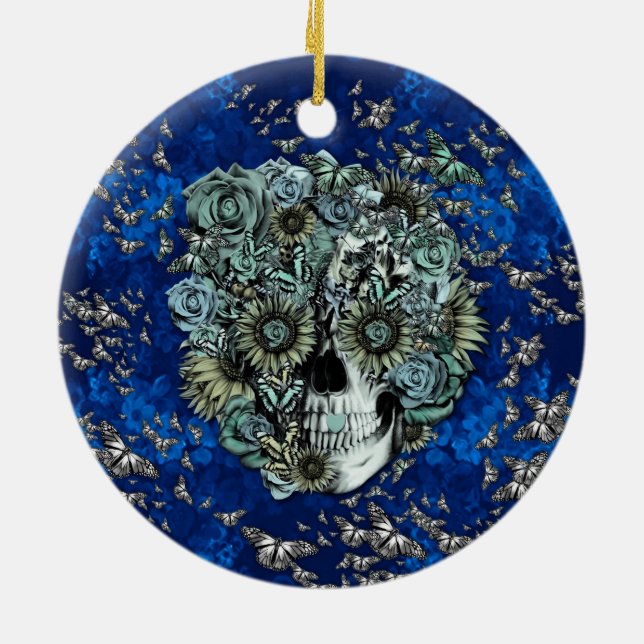 Skull made of butterflies in royal blue ceramic ornament (Back)