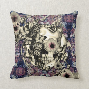 Skull made of poppies and butterflies throw pillow