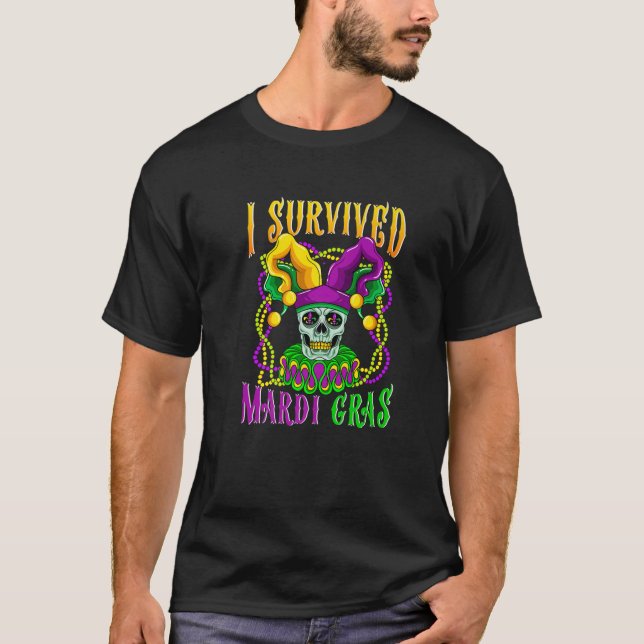 Skull Mardi Gras Jester Hat Skeleton I Survived Ma T-Shirt (Front)