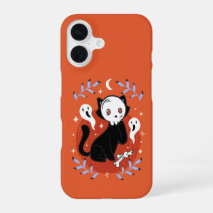 Skull Mask Black Cat Halloween iPhone 16 Case