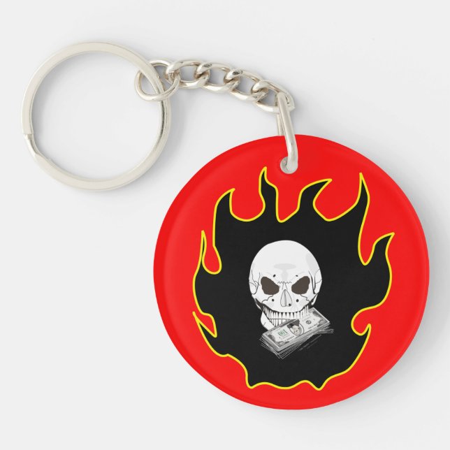 Skull Money Flame Death Red Black Fire Biker  Keyc Keychain (Front)