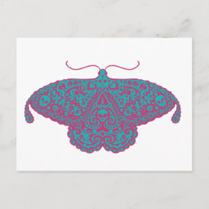skull moth pink and turquoise postcard