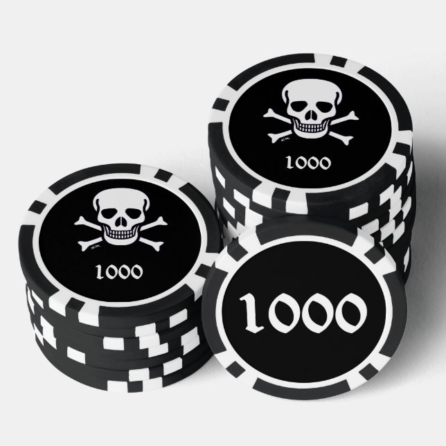 Skull n Bones black 1000 striped poker chip (Stack)