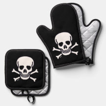 Skull n Bones blk silver oven mitts pot holder set
