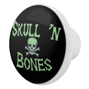 Skull n Bones green black w words ceramic knob