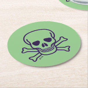 Skull n Bones green paper round drink coasters