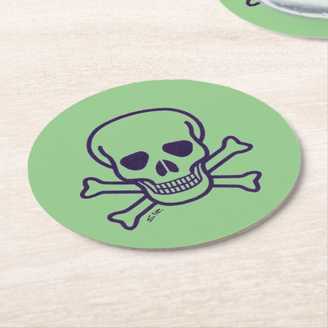 Skull n Bones green paper round drink coasters (Angled)