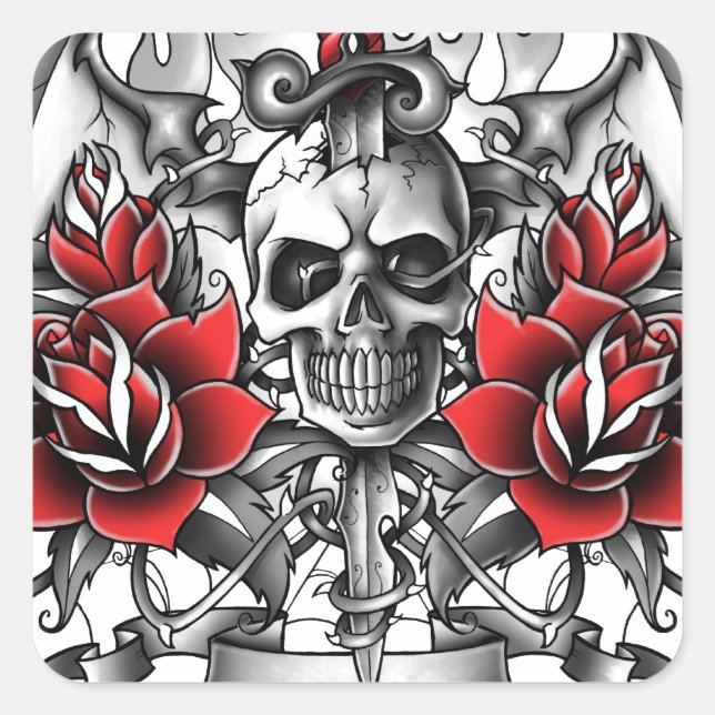 Skull n Dagger with Devil wings Square Sticker (Front)