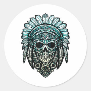 Skull, Native Chief Hat, War Bonnet, Indians, Head Classic Round Sticker