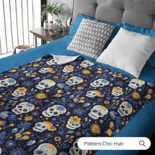 Skull Navy Floral Dia de los Muertos Celebration  Fleece Blanket