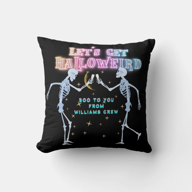 Skull Neon Halloween Halloweird Dancing Skeletons Throw Pillow (Front)