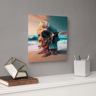 Skull on the beach square wall clock