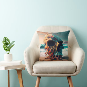 Skull on the beach throw pillow