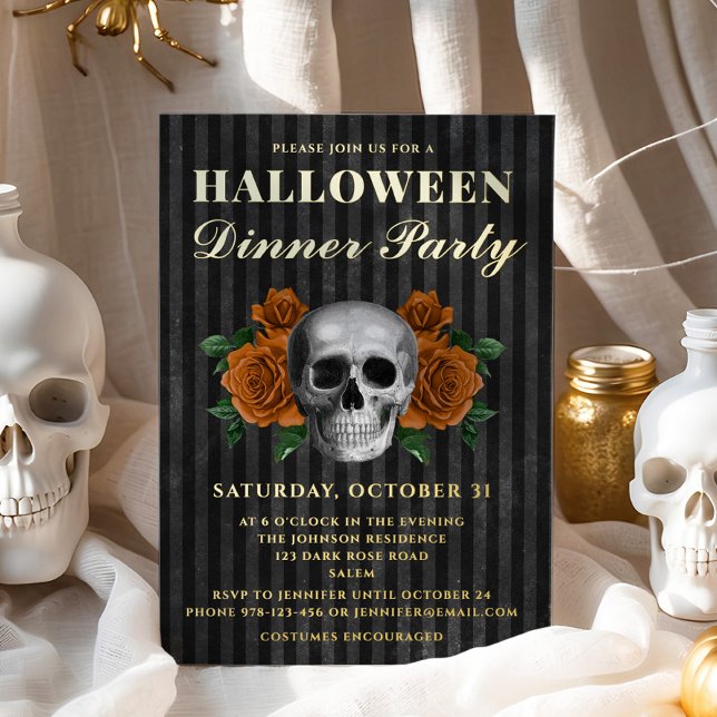 Skull Orange Roses Halloween Dinner Party Gold  (Skull Orange Roses Halloween Dinner Party Gold Foil Invitation)