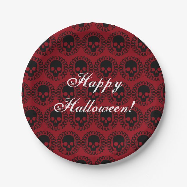 Skull Pattern Elegant Fun Halloween Goth Any Colou Paper Plate (Front)
