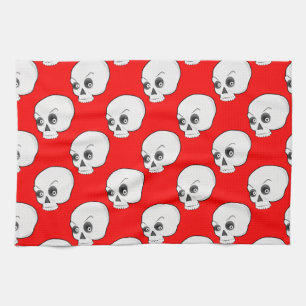 Skull Pattern On Red Background Kitchen Towel
