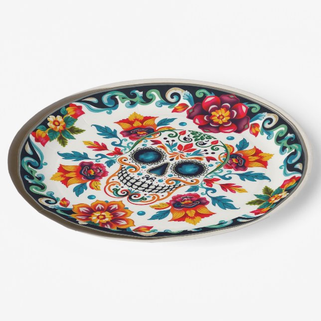 💀🎉Skull & Petalware Día de los Muertos Paper Plate (Angled)