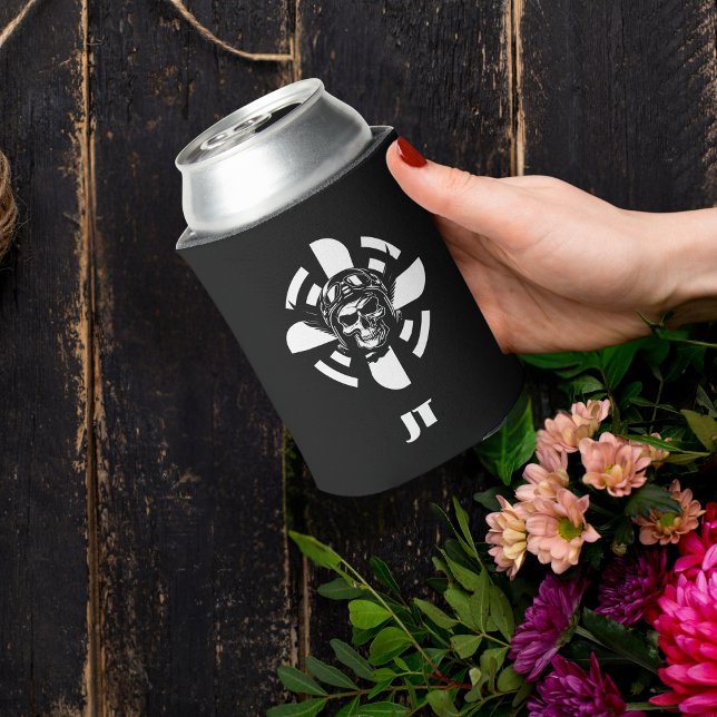 Skull Pilot & Airplane Propeller, Minimalist,Black Can Cooler (Creator Uploaded)