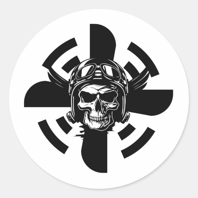 Skull Pilot & Airplane Propeller, Minimalist,Black Classic Round Sticker (Front)
