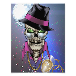Skull Pimp with Hat, Glasses, Gold Chain and Disco Photo Print